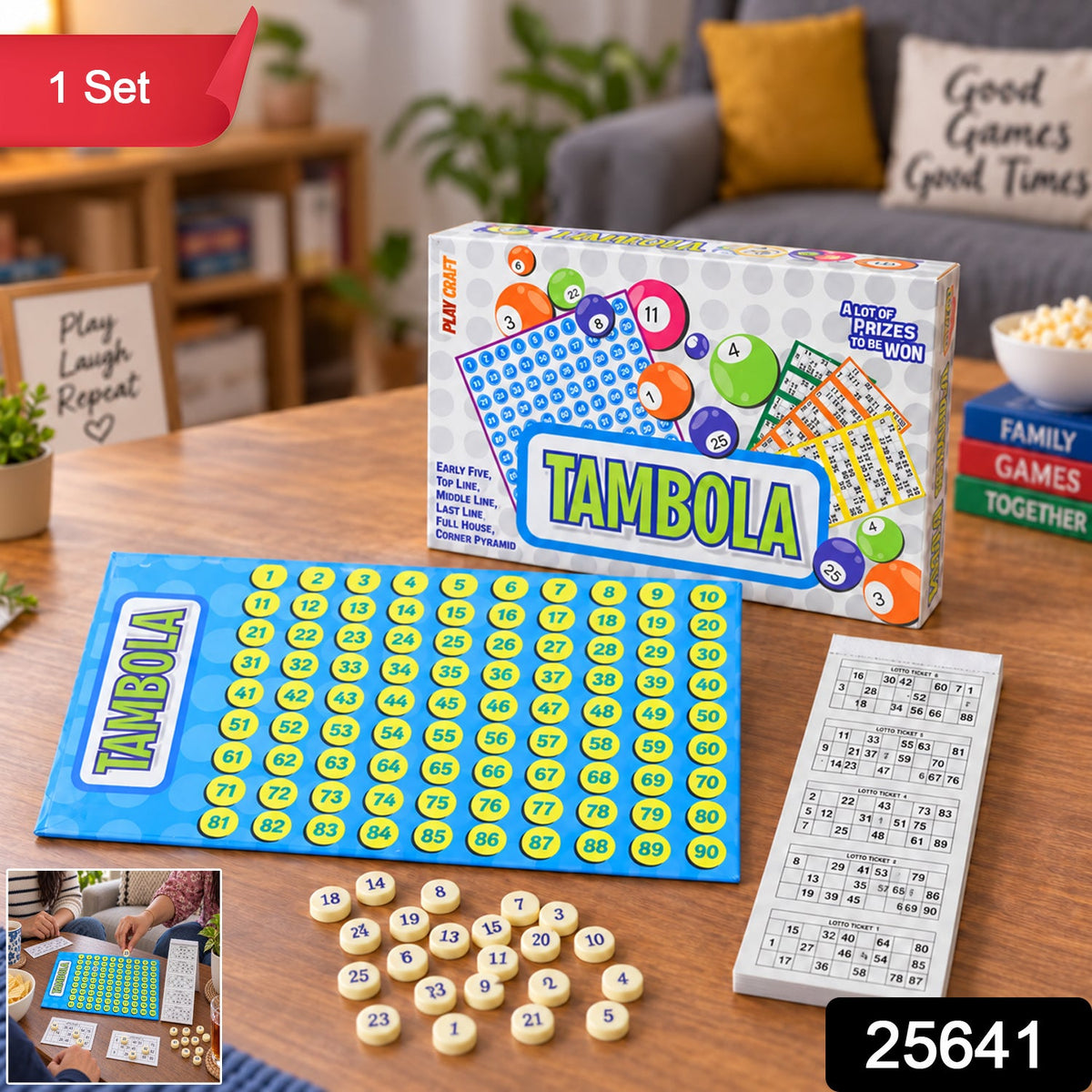 A Tambola game set is displayed on a wooden table, featuring a blue number board, yellow tokens, a ticket booklet, and the