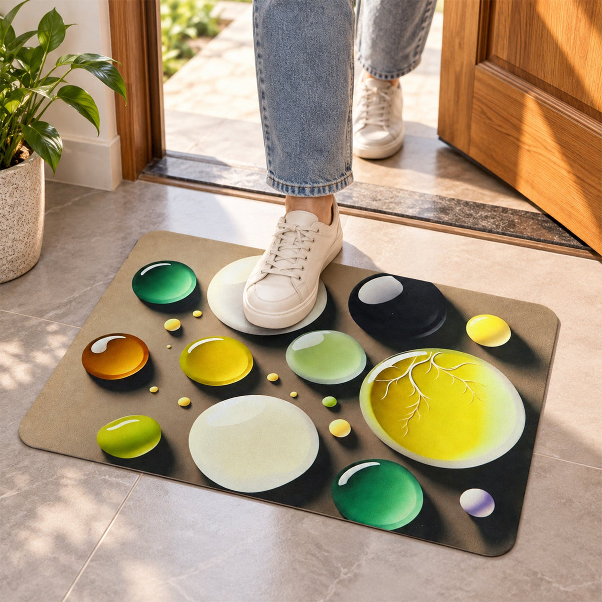 A person's feet in white sneakers step onto a brown mat with colorful bubble designs near an open doorway.