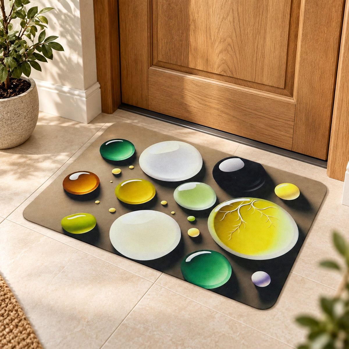 A brown mat with a colorful bubble print sits on a tiled floor near a wooden door and a potted plant.