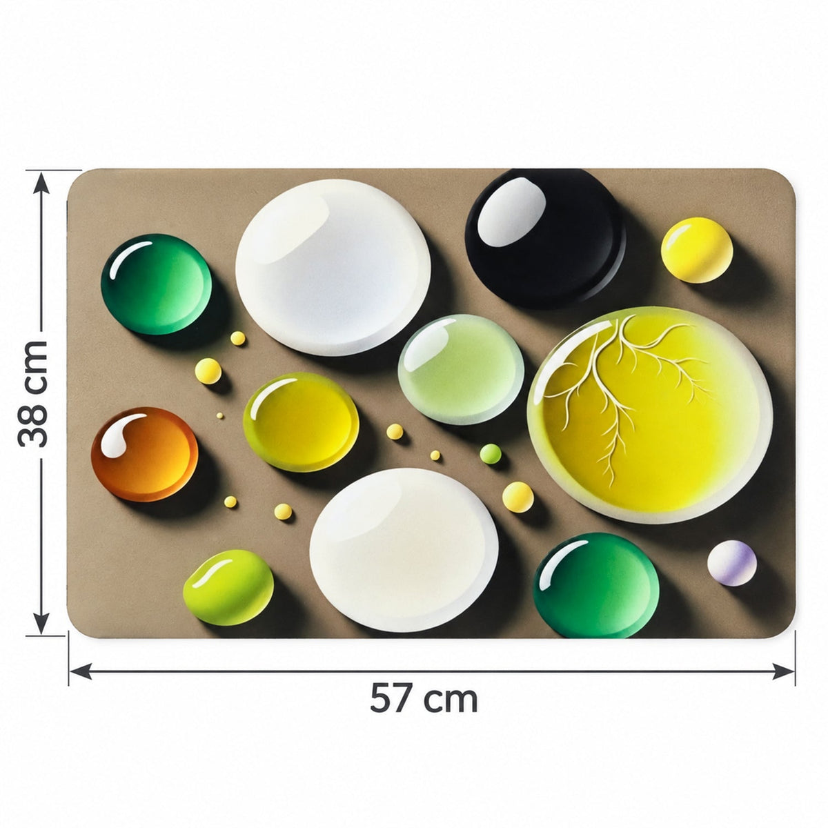 A brown rectangular mat with colorful bubble designs, showing dimensions of 57 cm width and 38 cm height.