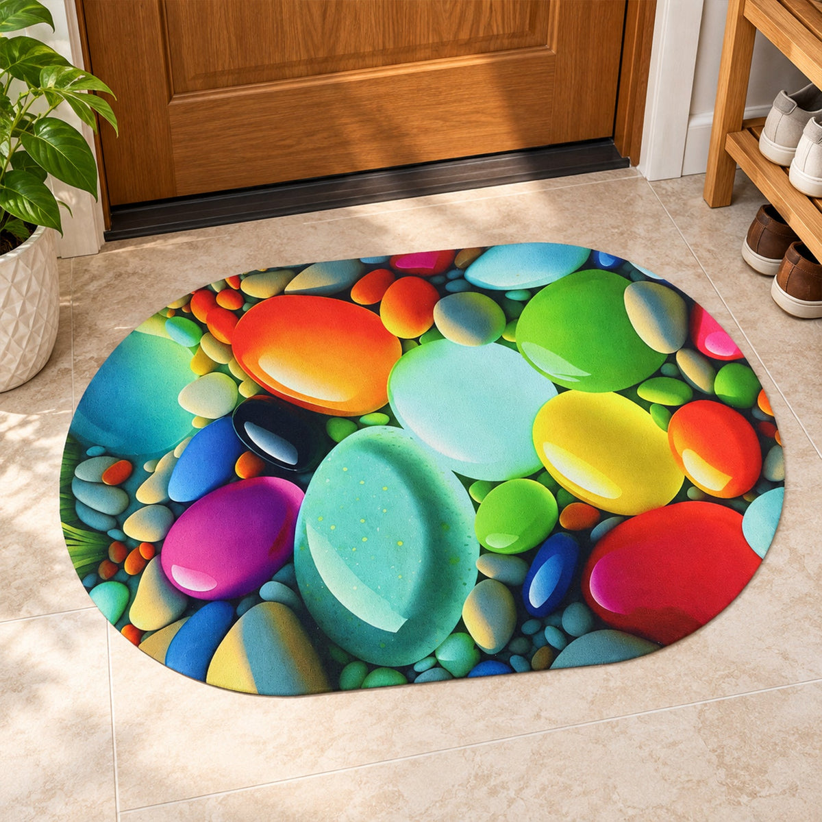 A colourful oval pebble-print mat on a tiled floor in front of a wooden door and shoe rack.