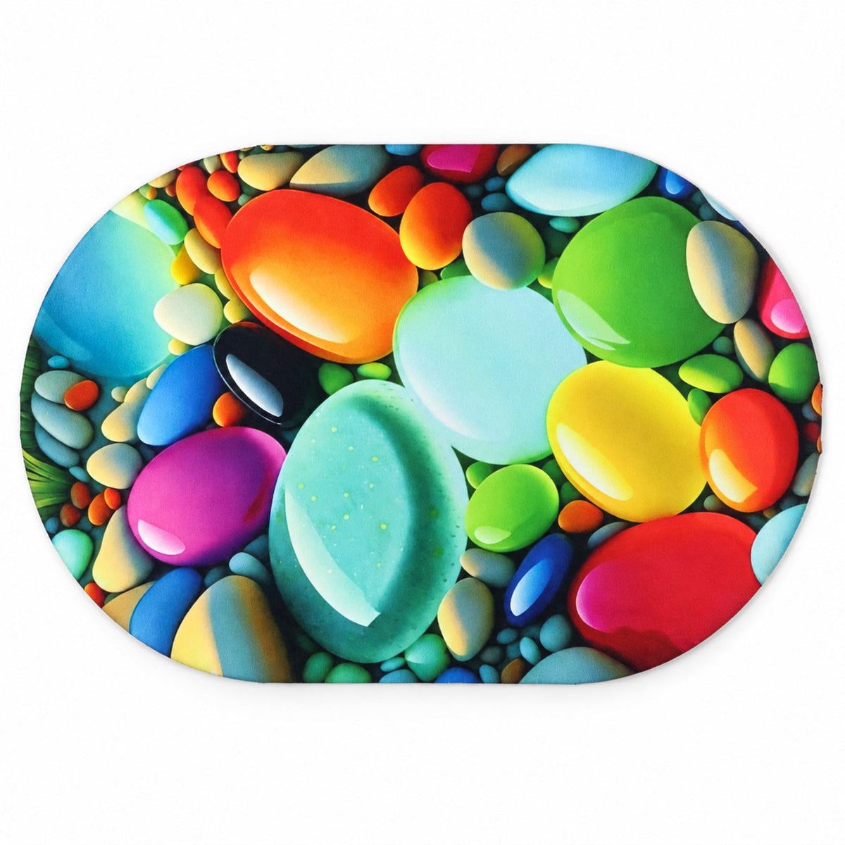 A top-down view of an oval mat showcasing a vivid, glossy pebble design in many different hues.