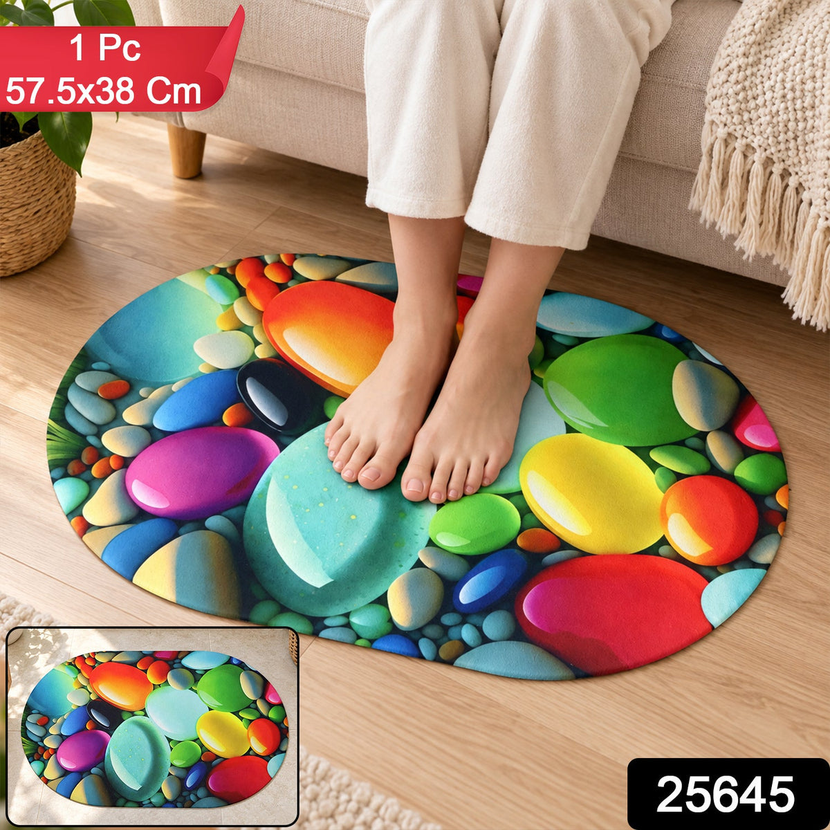 An oval mat with a colorful pebble design, featuring a small inset of the mat and product labels.
