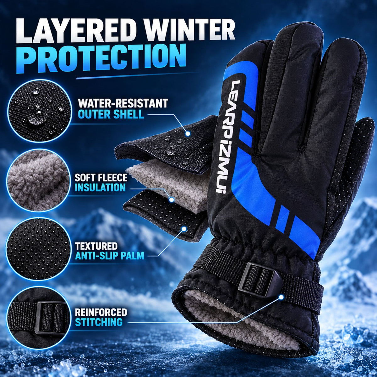A close-up of a black and blue winter glove with callouts detailing its water-resistant shell, fleece insulation, anti-slip