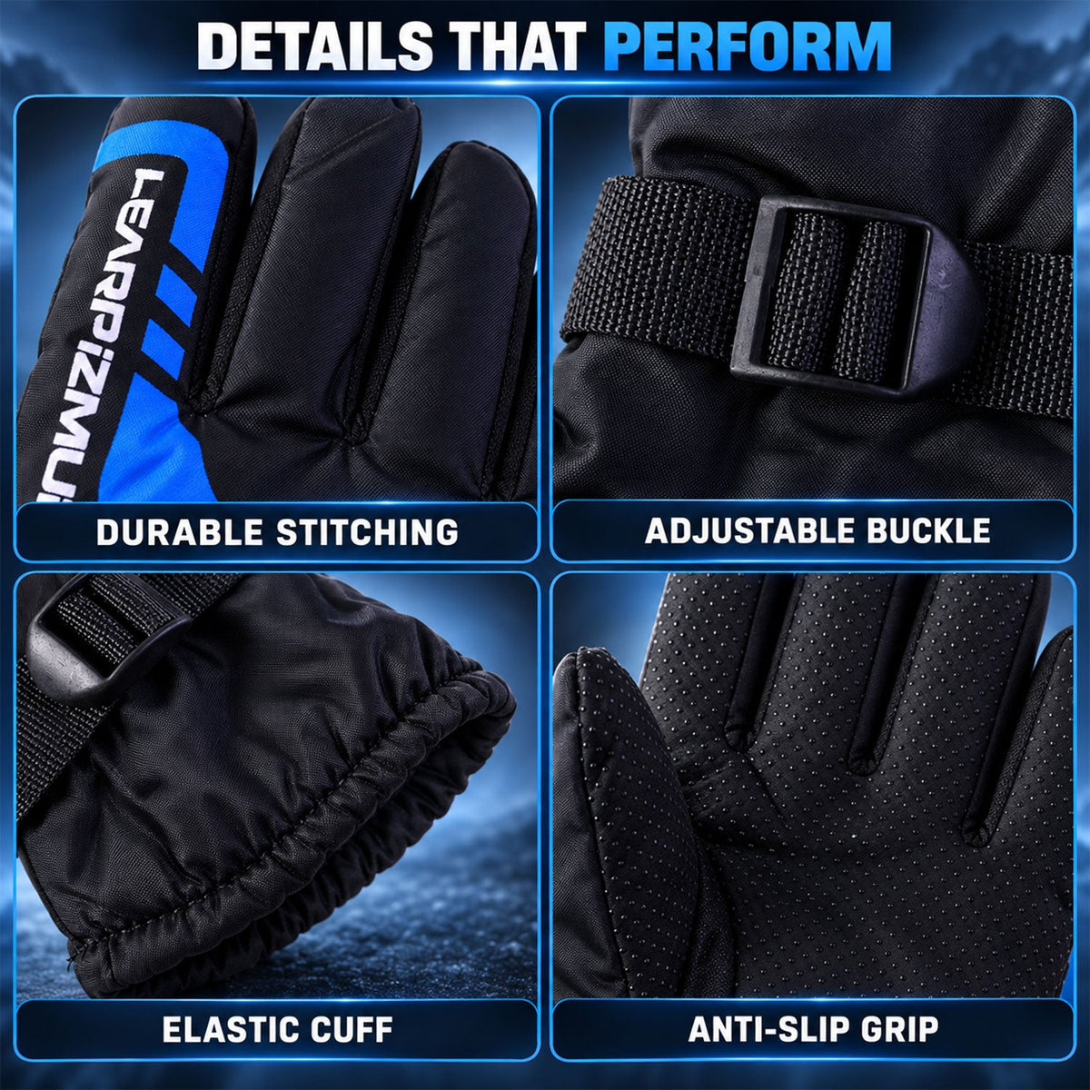 Four close-up details of the black winter glove: durable stitching, adjustable wrist buckle, elastic cuff, and anti-slip