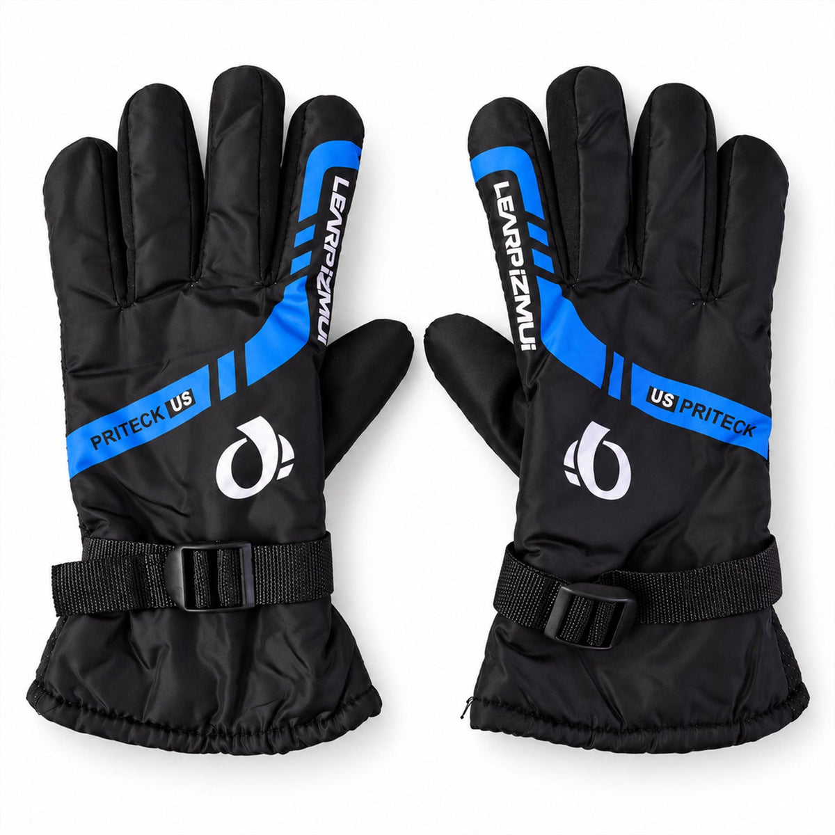 A pair of black and blue winter gloves, with white logos and blue stripes, laid flat on a white surface.