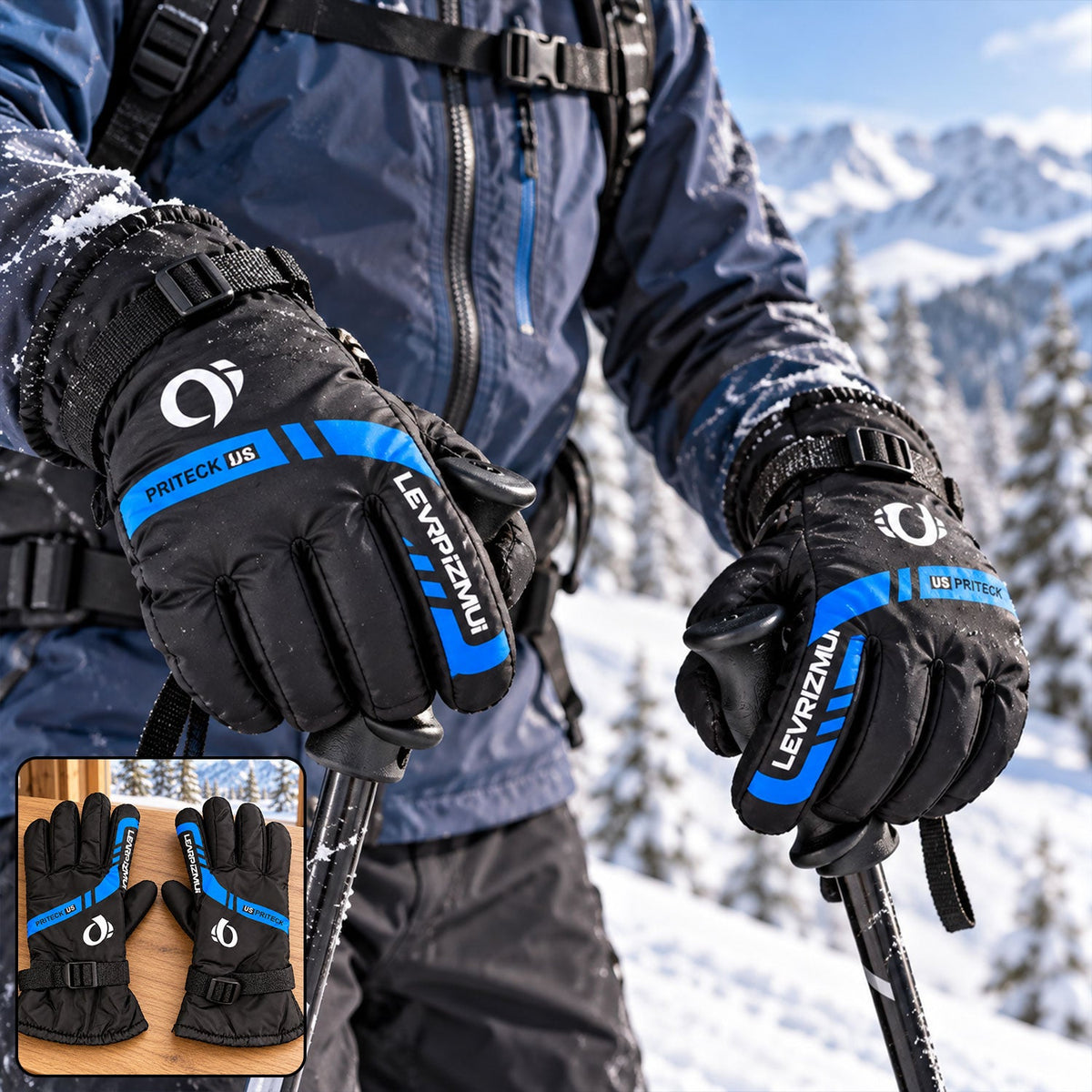 A person wearing black and blue winter gloves holding ski poles in a snowy environment, with a small inset displaying the