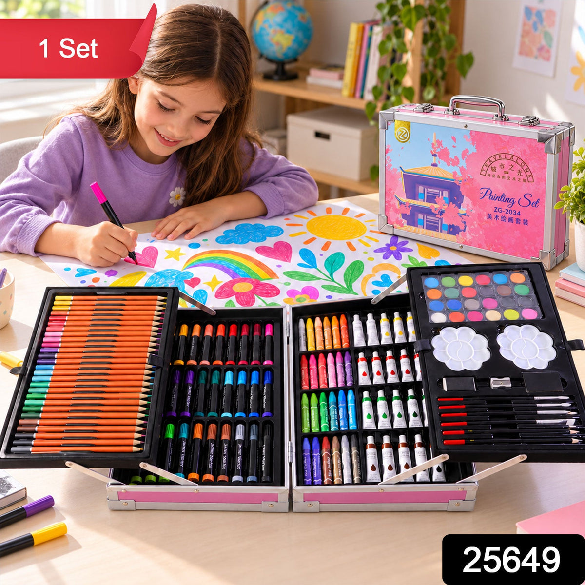 A girl draws on paper with a marker, beside an open art kit containing various drawing and painting tools.