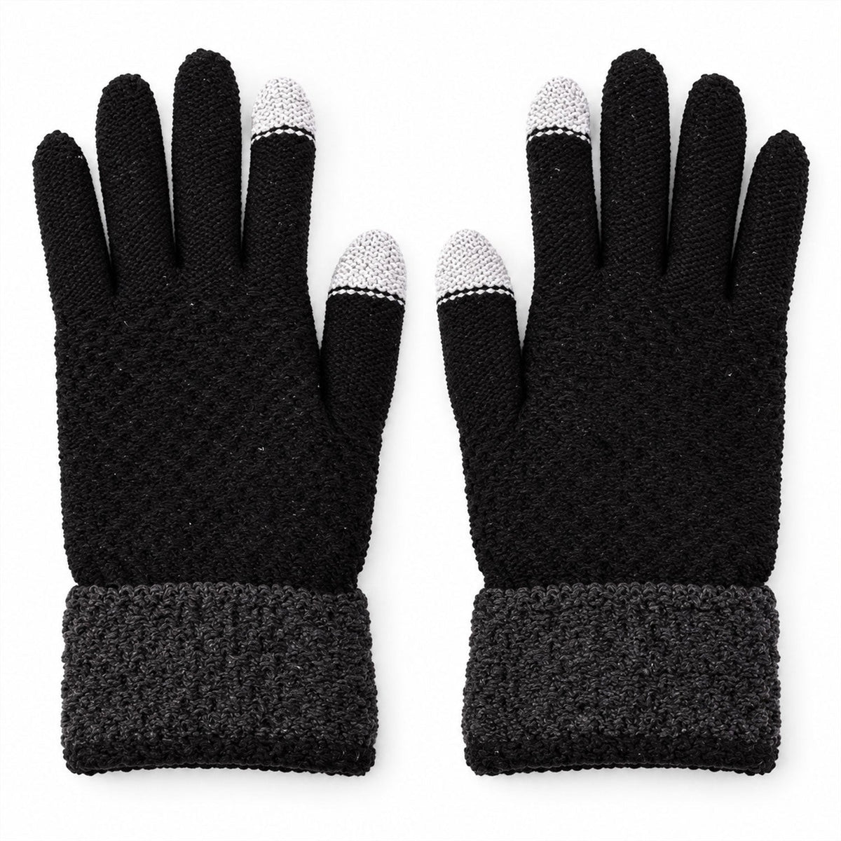 Pair of black knit gloves with gray ribbed cuffs and light gray touchscreen fingertips, displayed flat on a white surface.