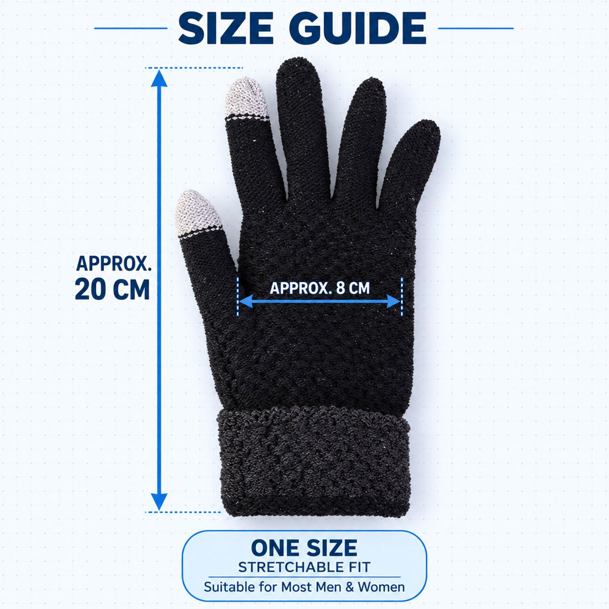 Black knit glove with gray cuff and light gray touchscreen fingertips, shown with approximate length and width measurements.