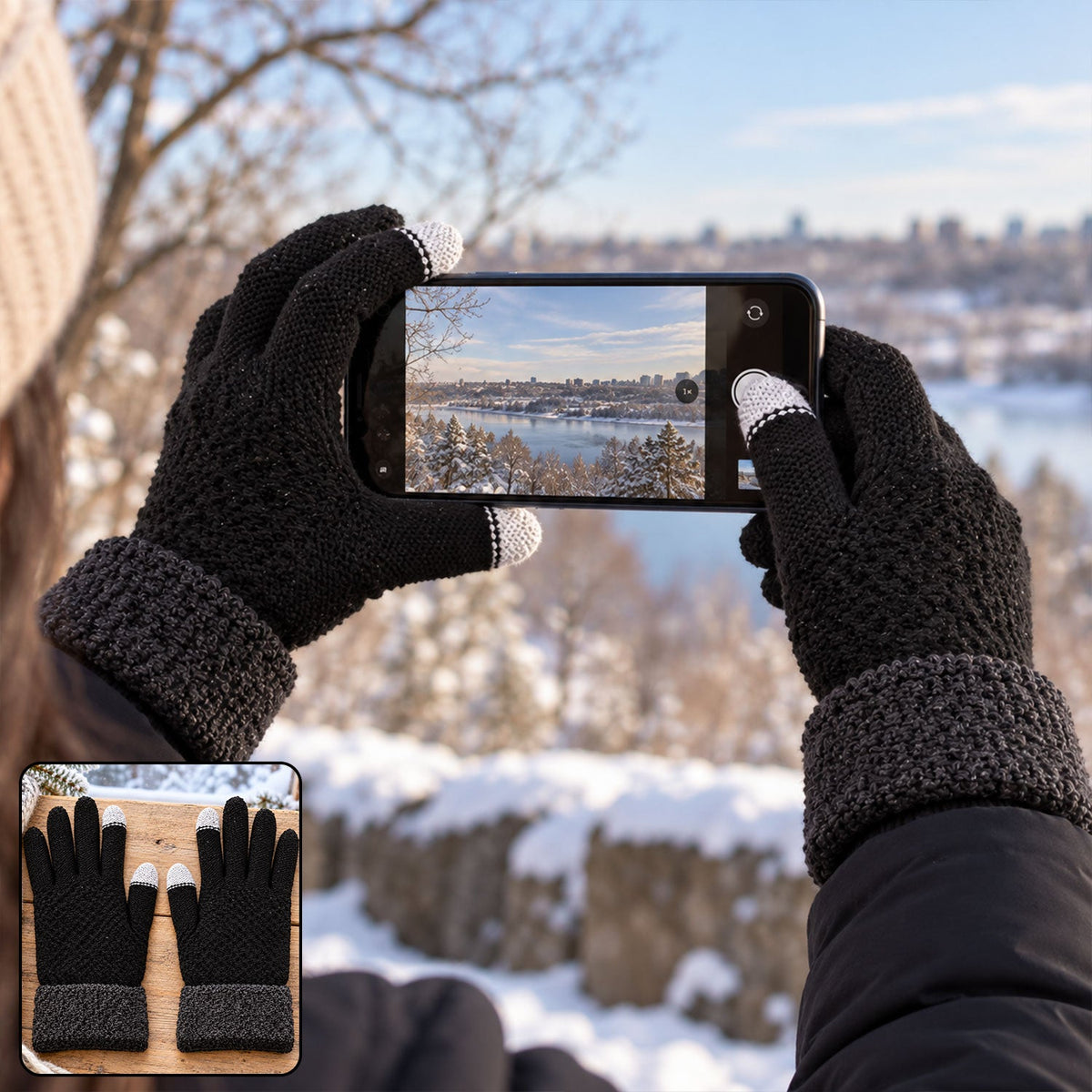 Hands in black knit gloves with gray cuffs and white touchscreen fingertips, holding a phone to capture a snowy landscape.