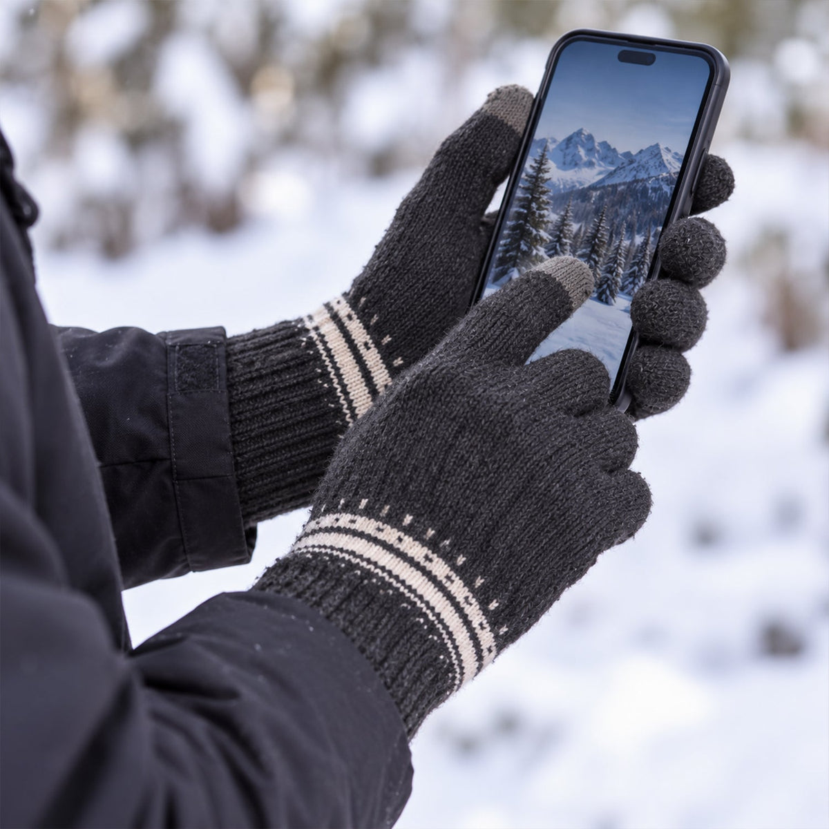 Hands wearing dark gray knitted gloves with white patterned cuffs using a smartphone in a snowy outdoor setting.