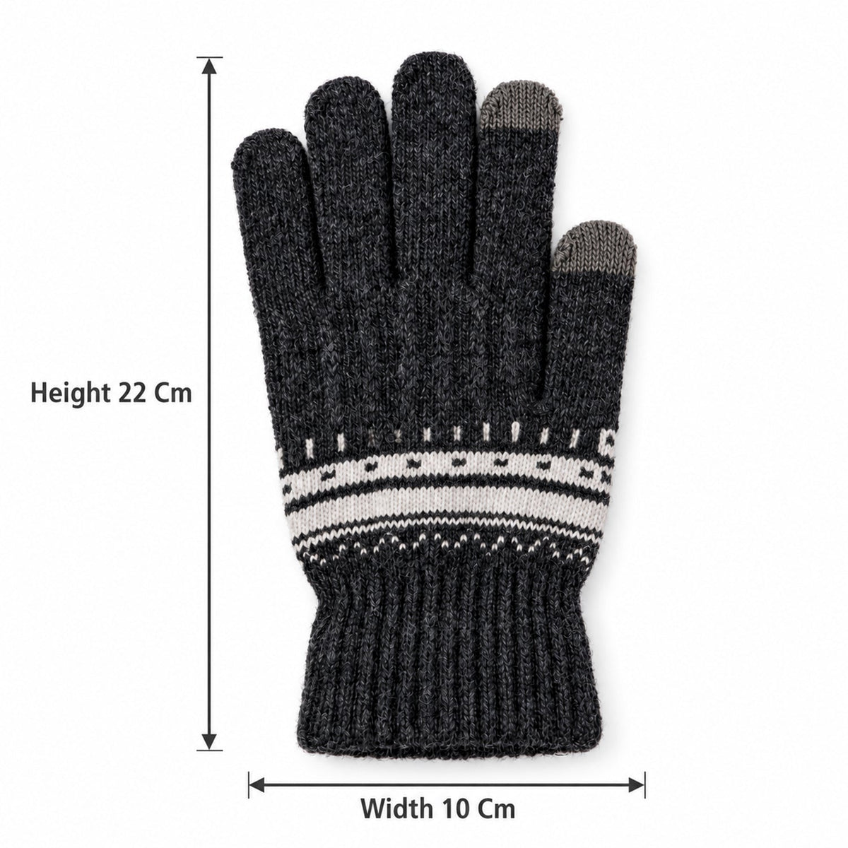 A single dark gray knitted glove with white patterned cuff and gray touchscreen fingertips, showing height 22 cm and width