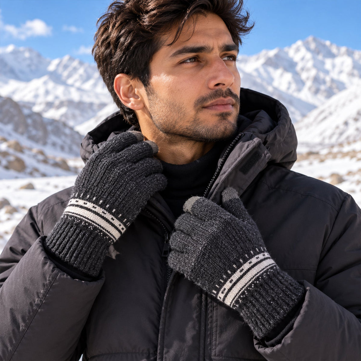 A man in a black winter jacket and dark gray knitted gloves with white patterned cuffs stands in a snowy mountain landscape.