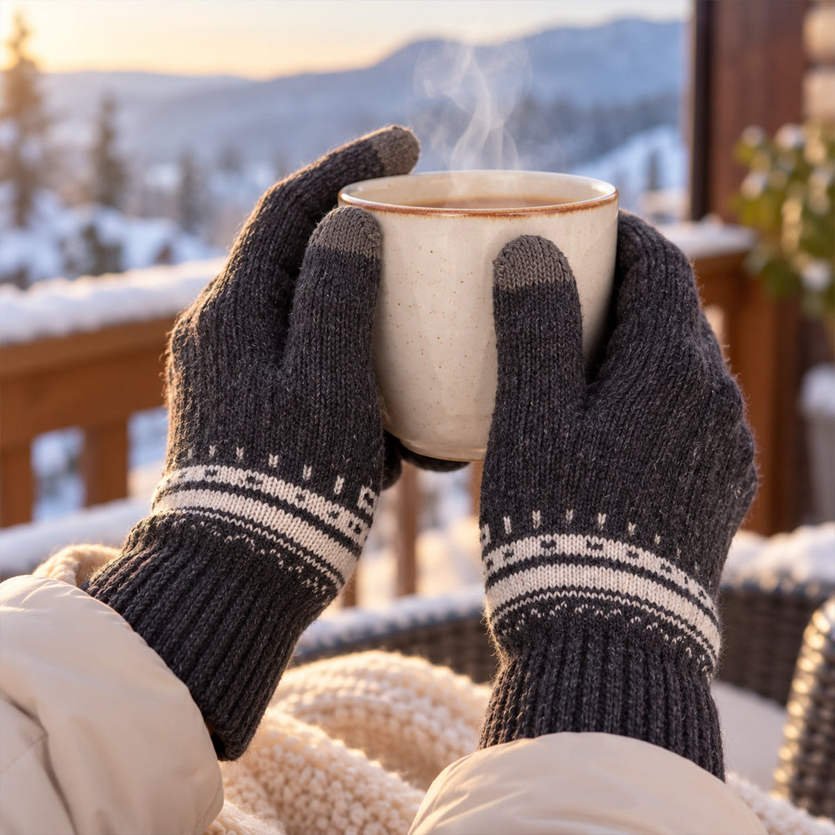 Hands in dark gray knitted gloves with white patterned cuffs hold a steaming mug on a snowy outdoor patio.