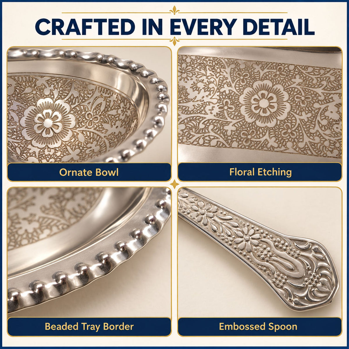 Close-up details of the silver-plated set, showing ornate bowl patterns, floral tray etching, a beaded border, and an