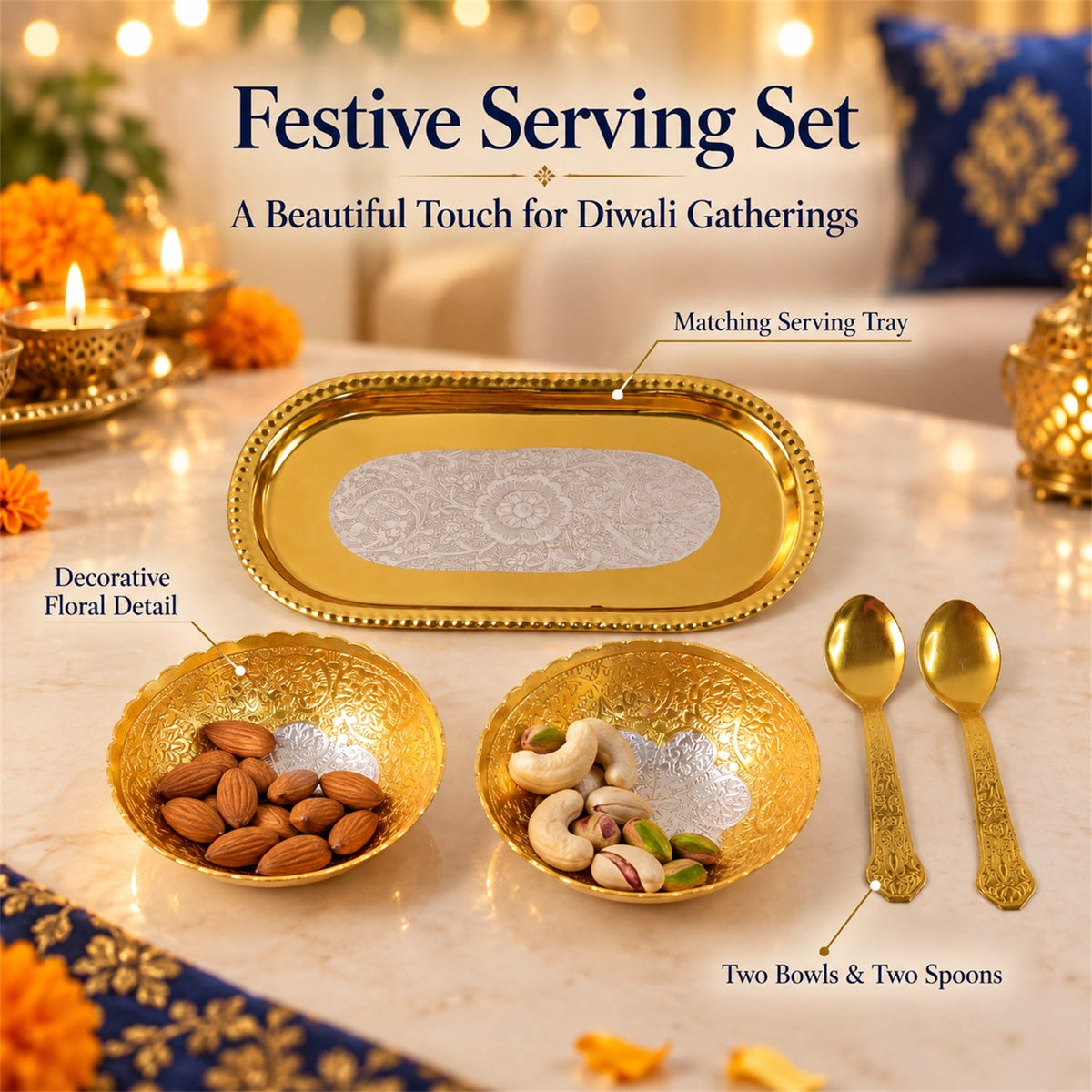 A festive serving set with a golden tray, two golden bowls filled with nuts, and two golden spoons.