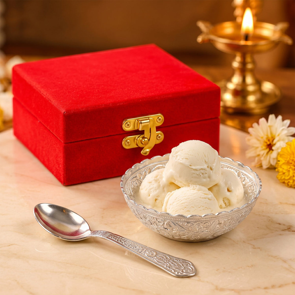 Silver finish floral bowl filled with ice cream scoops, a matching spoon, and a red velvet gift box.