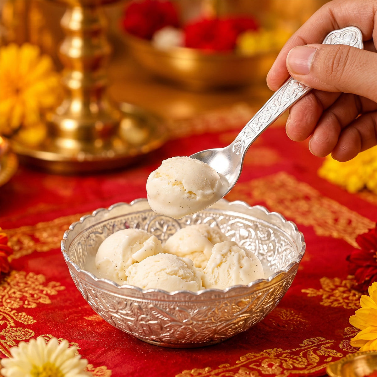 Hand scooping ice cream from the silver finish floral bowl with the matching ornate spoon.