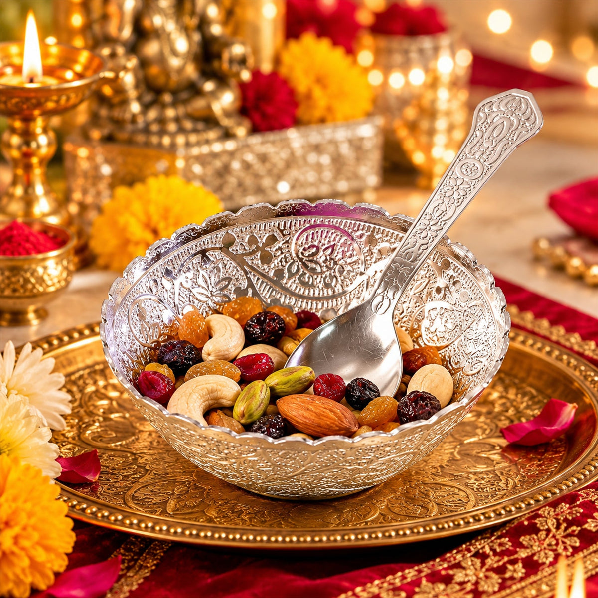 Silver finish floral serving bowl filled with a colorful assortment of dried fruits and nuts, with a spoon.