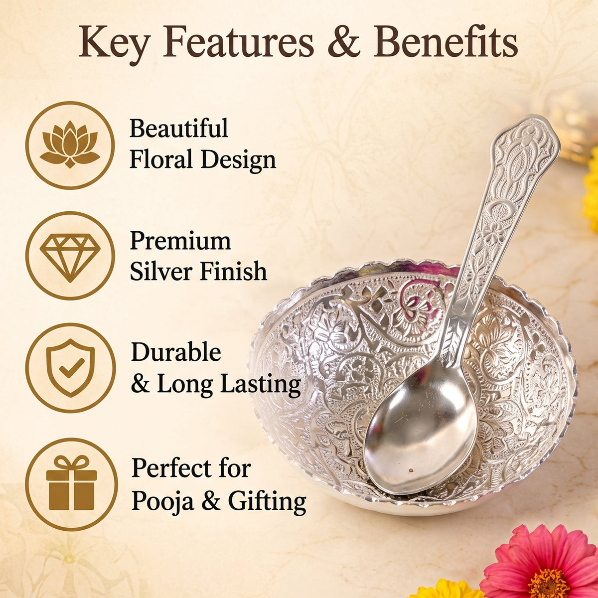 Silver finish floral serving bowl and spoon with text highlighting product features like design and finish.