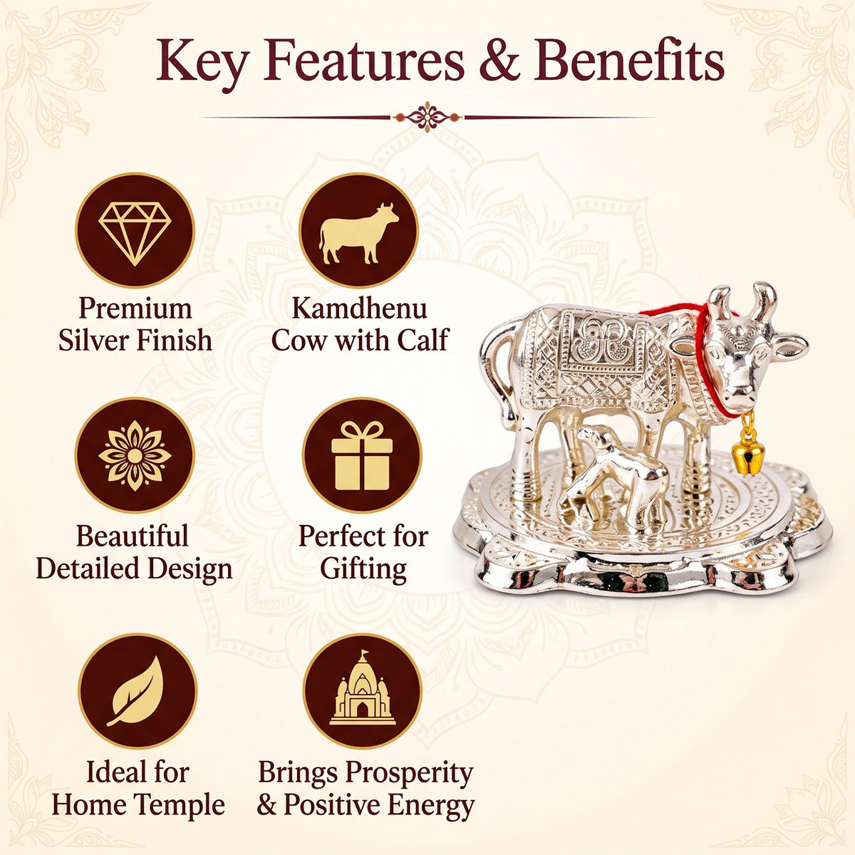 The silver cow and calf idol positioned next to an infographic highlighting its features and benefits.