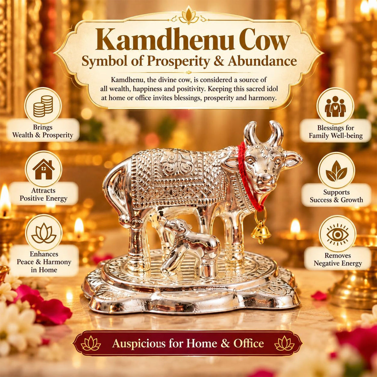 The silver Kamdhenu cow and calf idol on a marble surface, surrounded by text about its symbolism.