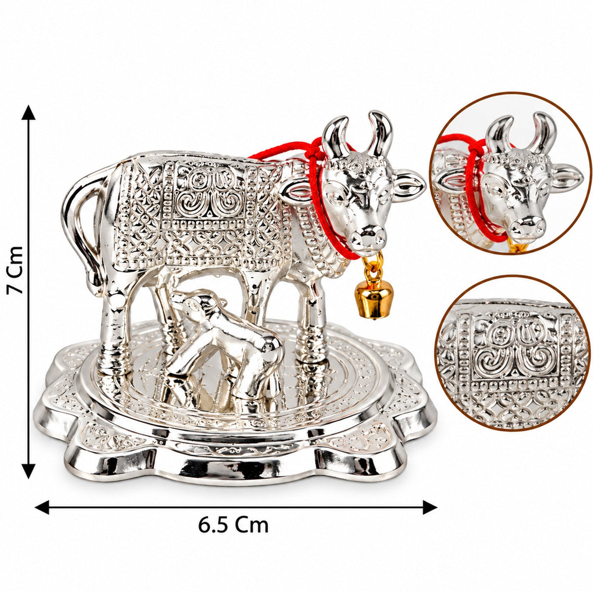 The silver cow and calf idol with measurements showing its height as 7 cm and width as 6.5 cm.