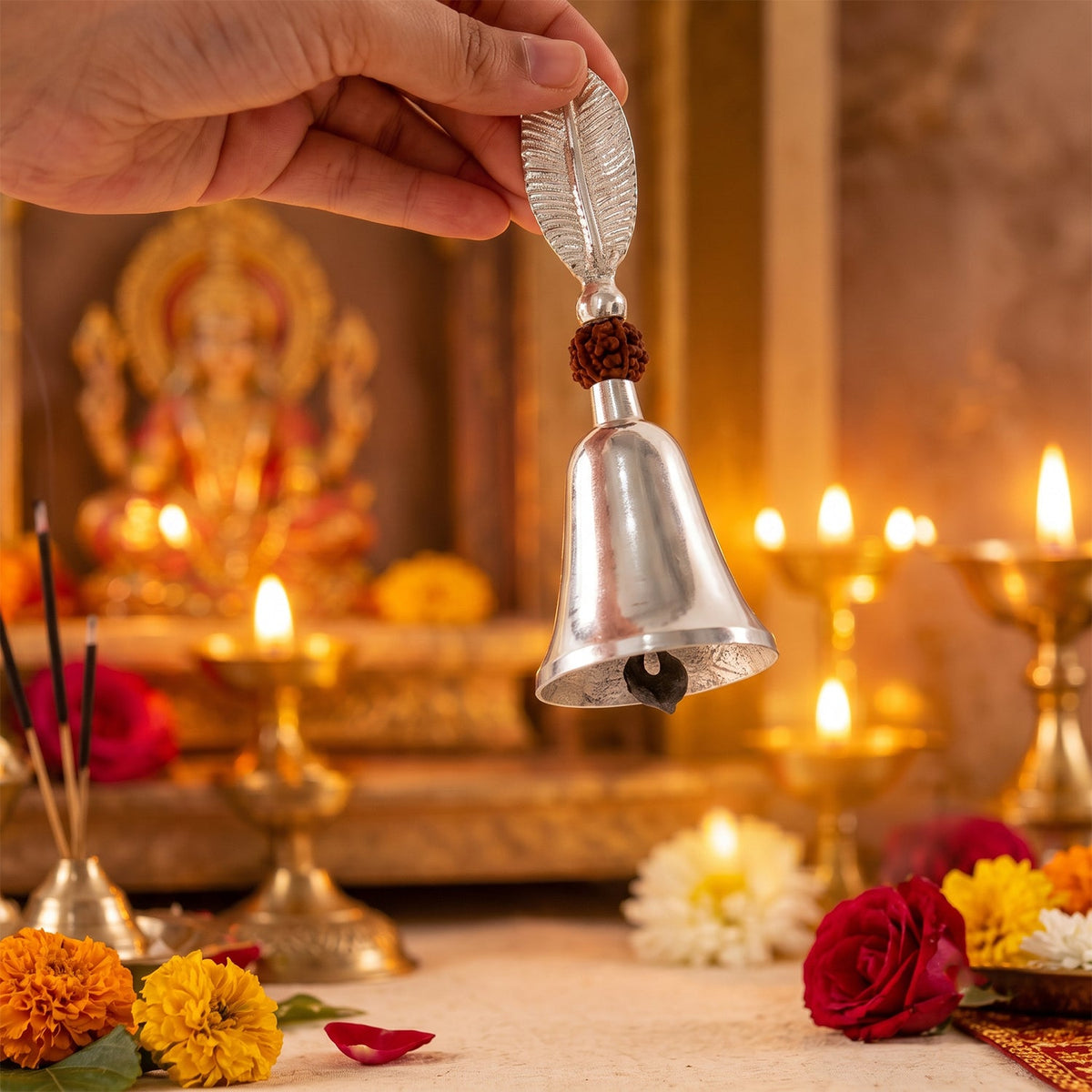 A hand holds a silver finish pooja bell with a leaf handle and rudraksha bead, against a blurred background of lit diyas.