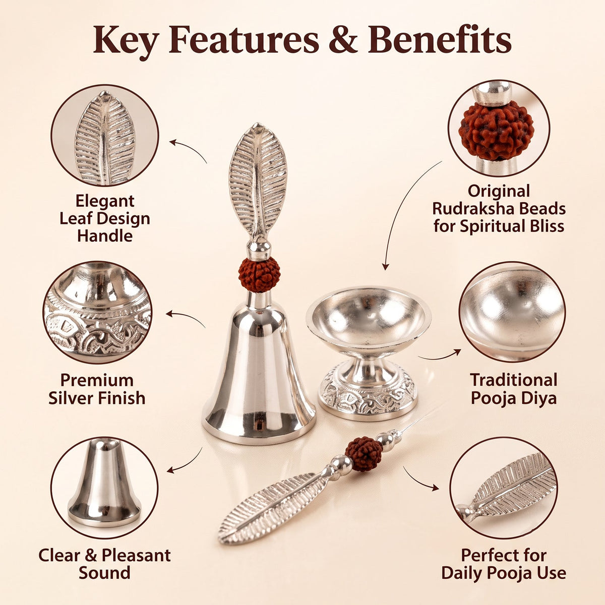 Silver finish pooja set against a white background