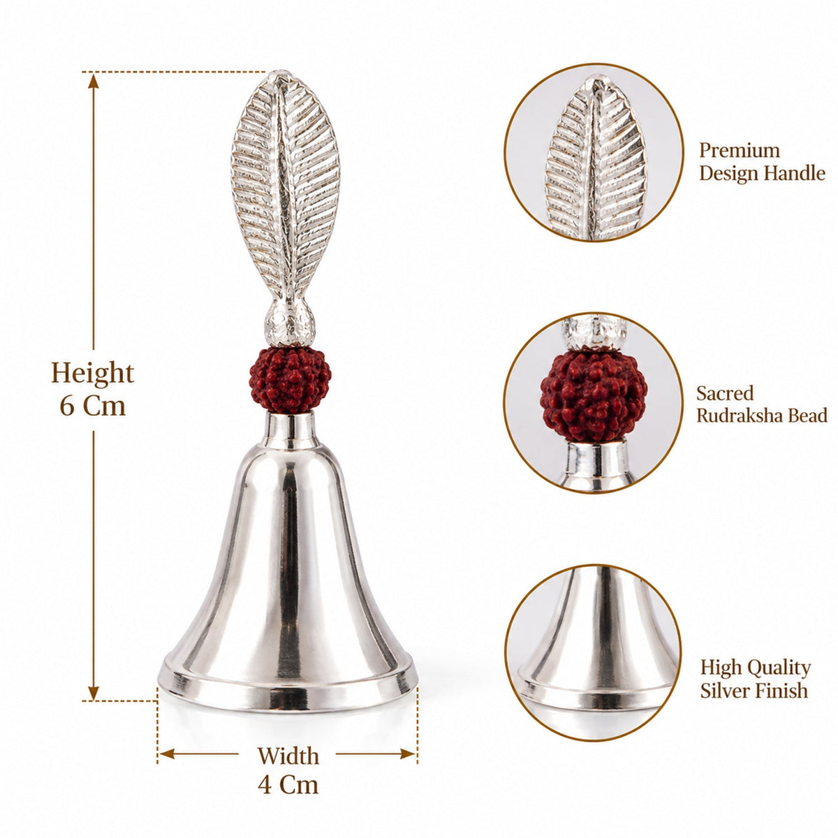 A silver finish pooja bell with leaf handle and rudraksha bead, with height and width measurements and feature callouts.