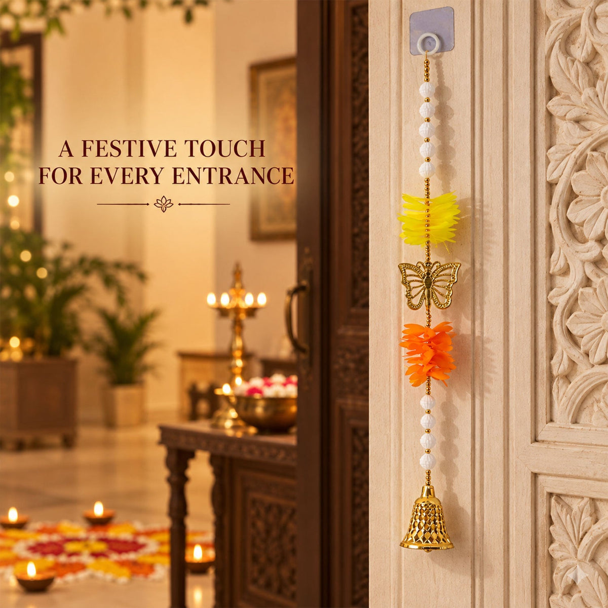 A single door hanging with yellow and orange floral elements, a golden butterfly, and a bell, affixed to a white door in a