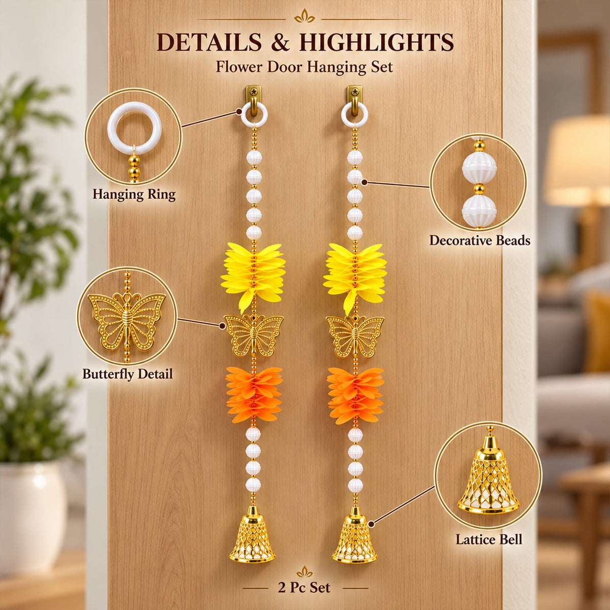 Detailed view of a door hanging set, highlighting the hanging ring, decorative beads, butterfly detail, and lattice bell on