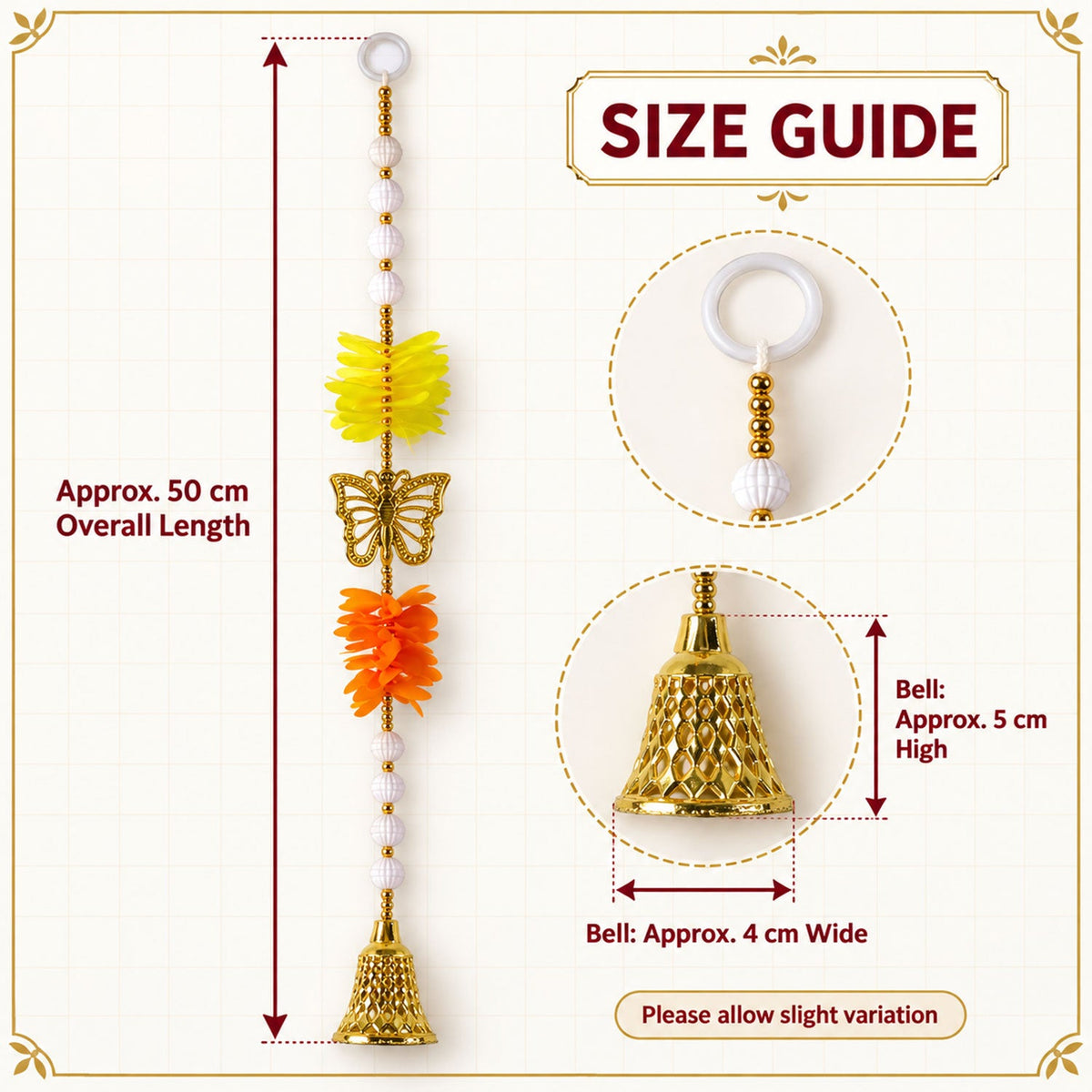 A size guide for a single door hanging, showing its overall length, and detailed dimensions for the bell and hanging ring.