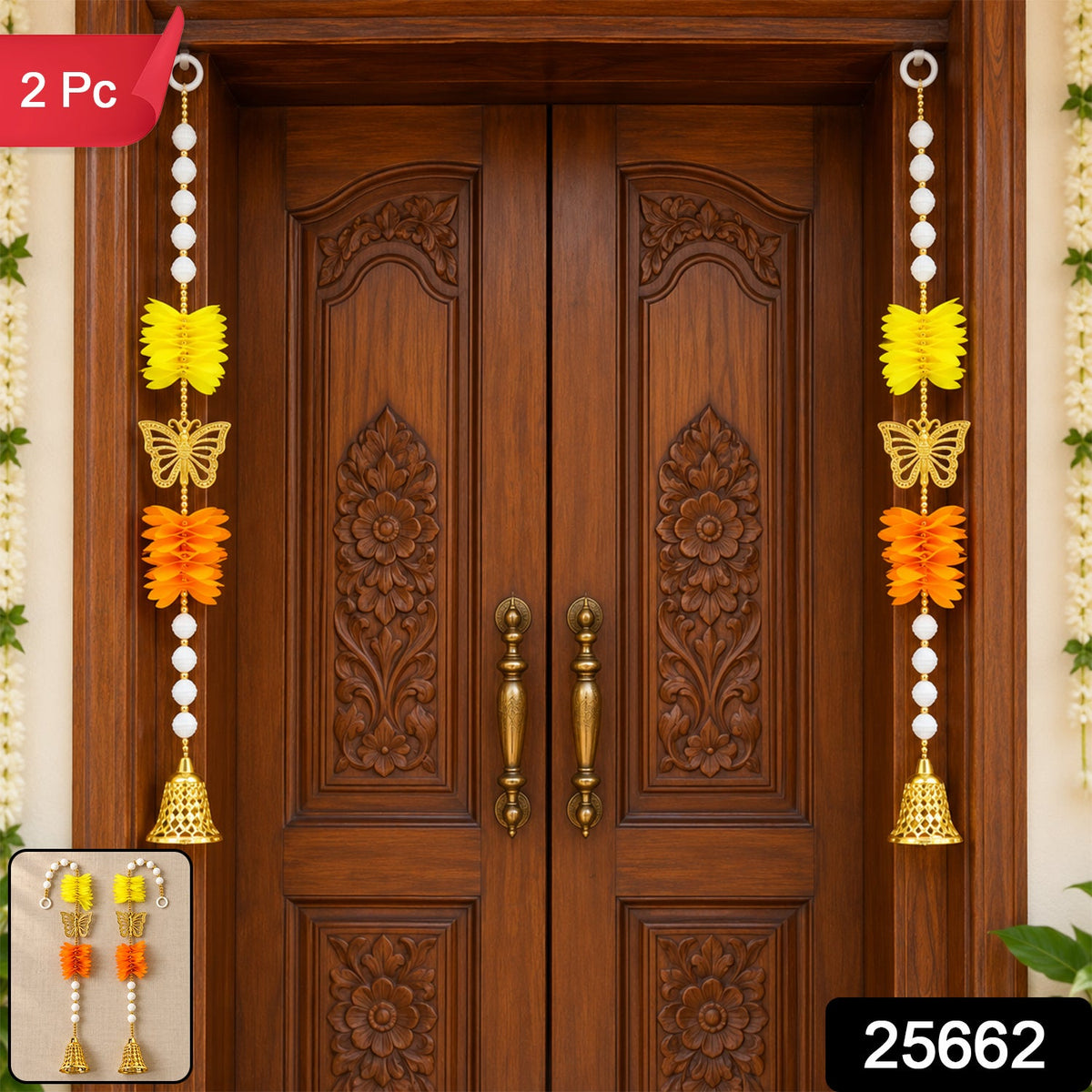 A pair of festive door hangings featuring yellow and orange paper flowers, golden butterflies, and white beaded strings, on