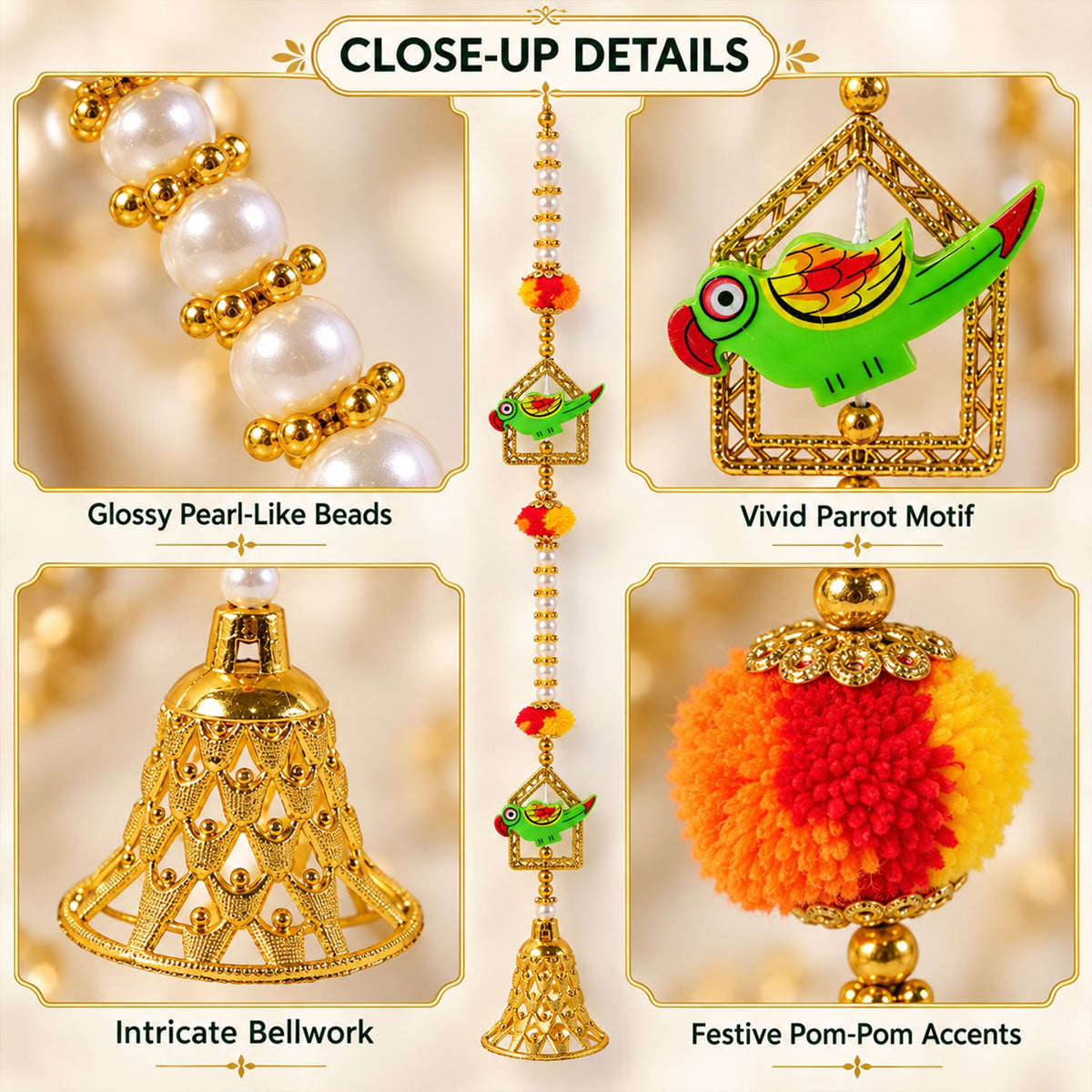 Close-up details of a door hanging, highlighting glossy pearl-like beads, a vivid parrot motif, intricate bellwork, and