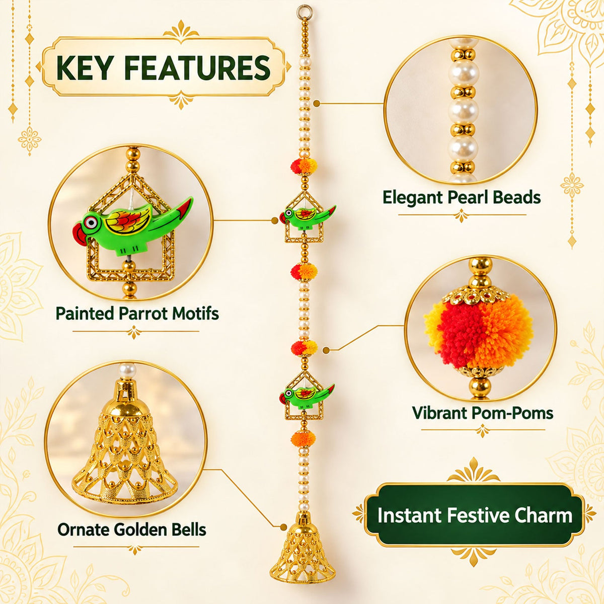 A single door hanging featuring pearl beads, painted parrot motifs, vibrant pom-poms, and an ornate golden bell.