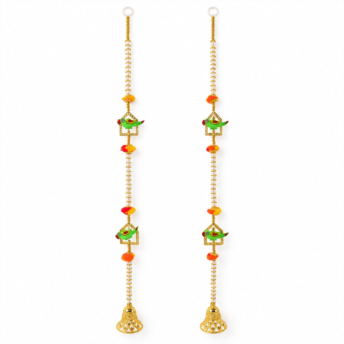 Two identical door hangings with white pearls, green parrots, orange pom-poms, and golden bells on a white background.