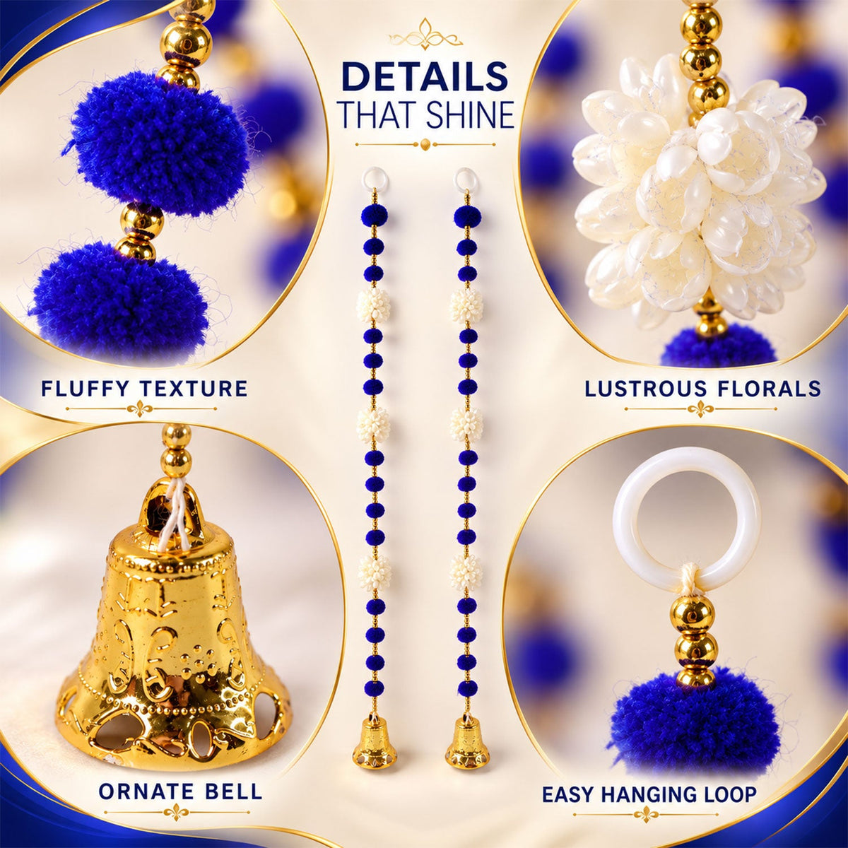 A detailed view of the decorative hanging elements, including fluffy blue pom-poms, lustrous white florals, an ornate golden