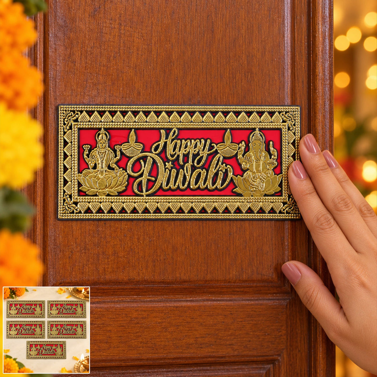 A hand reaches to touch a rectangular red and gold Happy Diwali plaque on a wooden door, surrounded by orange flowers.
