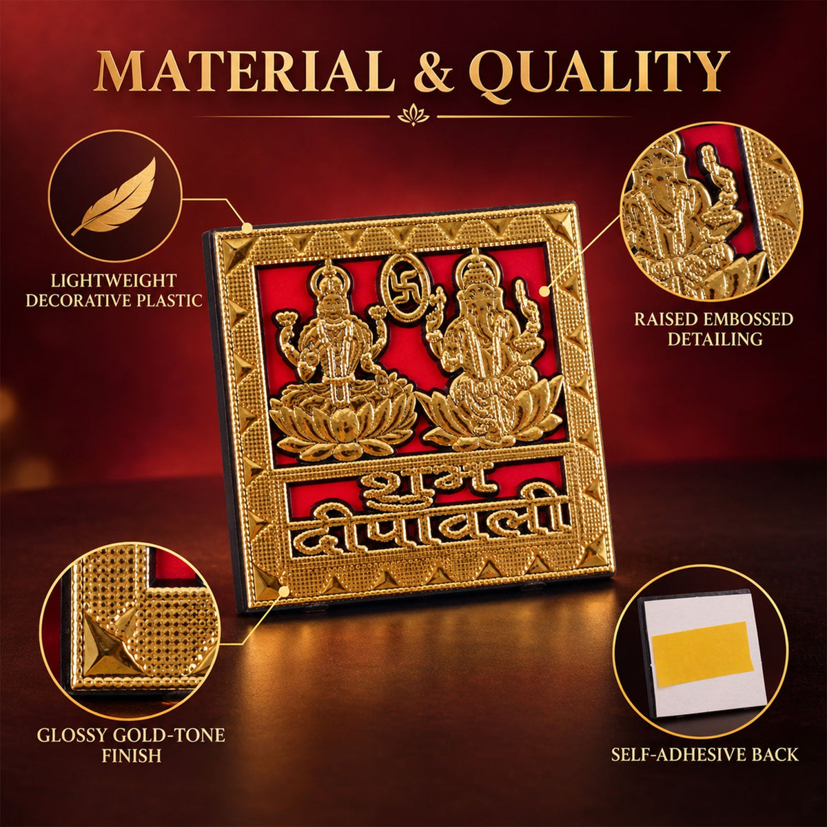 A square golden sticker with embossed deities on a red background, highlighting its lightweight plastic material and