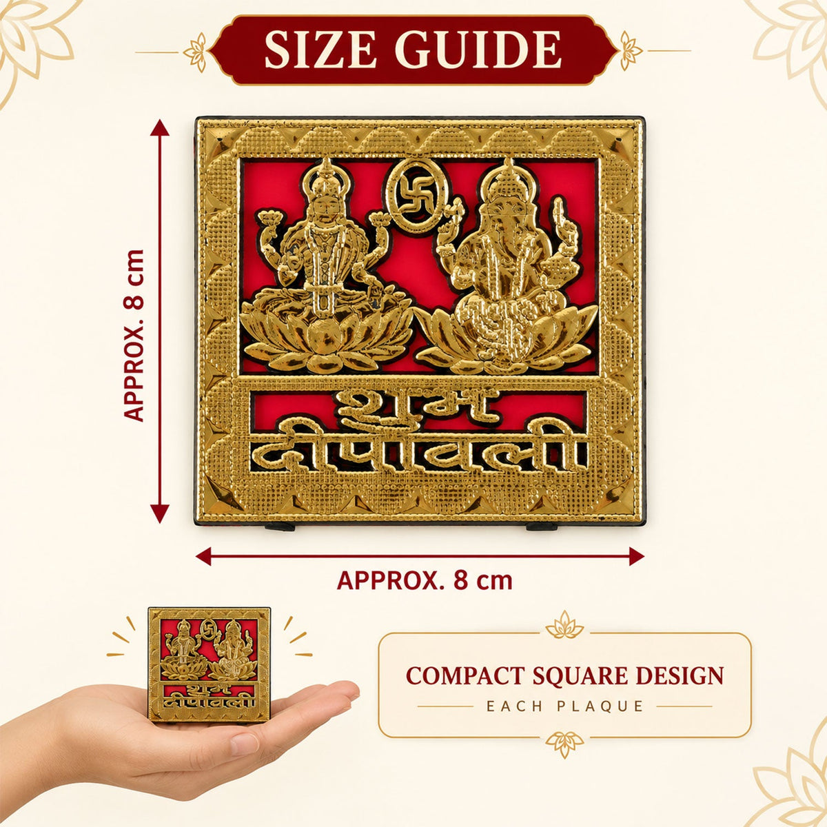 A square golden sticker with Lakshmi and Ganesha is shown with dimensions of approximately 8 cm by 8 cm, held in a hand.