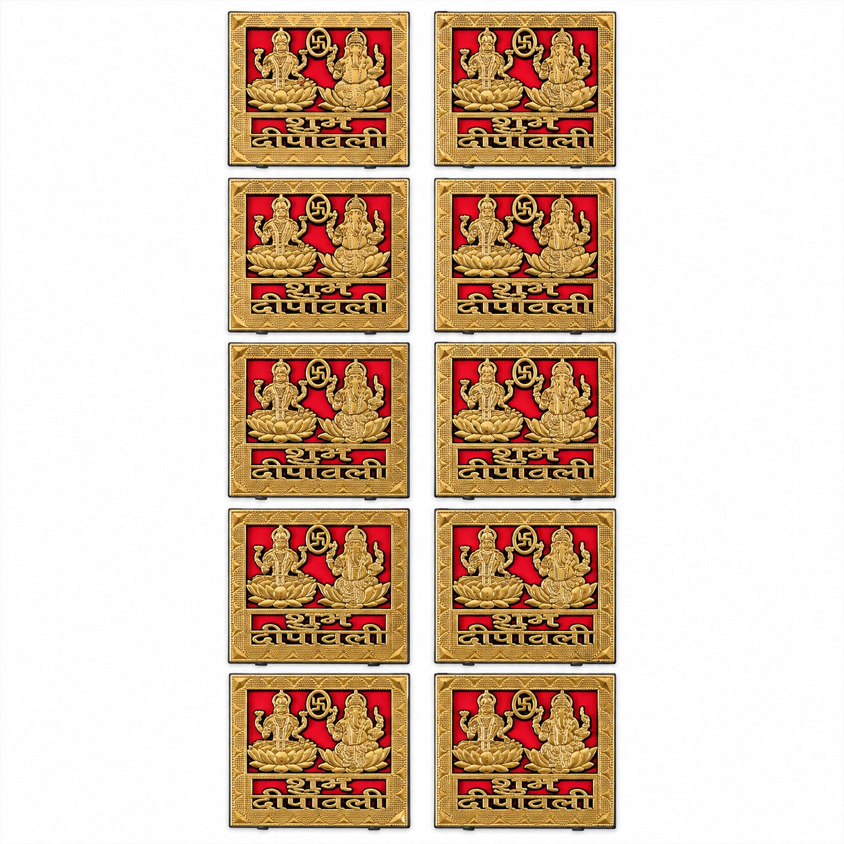 Ten identical square golden stickers, each depicting Lakshmi and Ganesha, are arranged in two vertical rows of five.