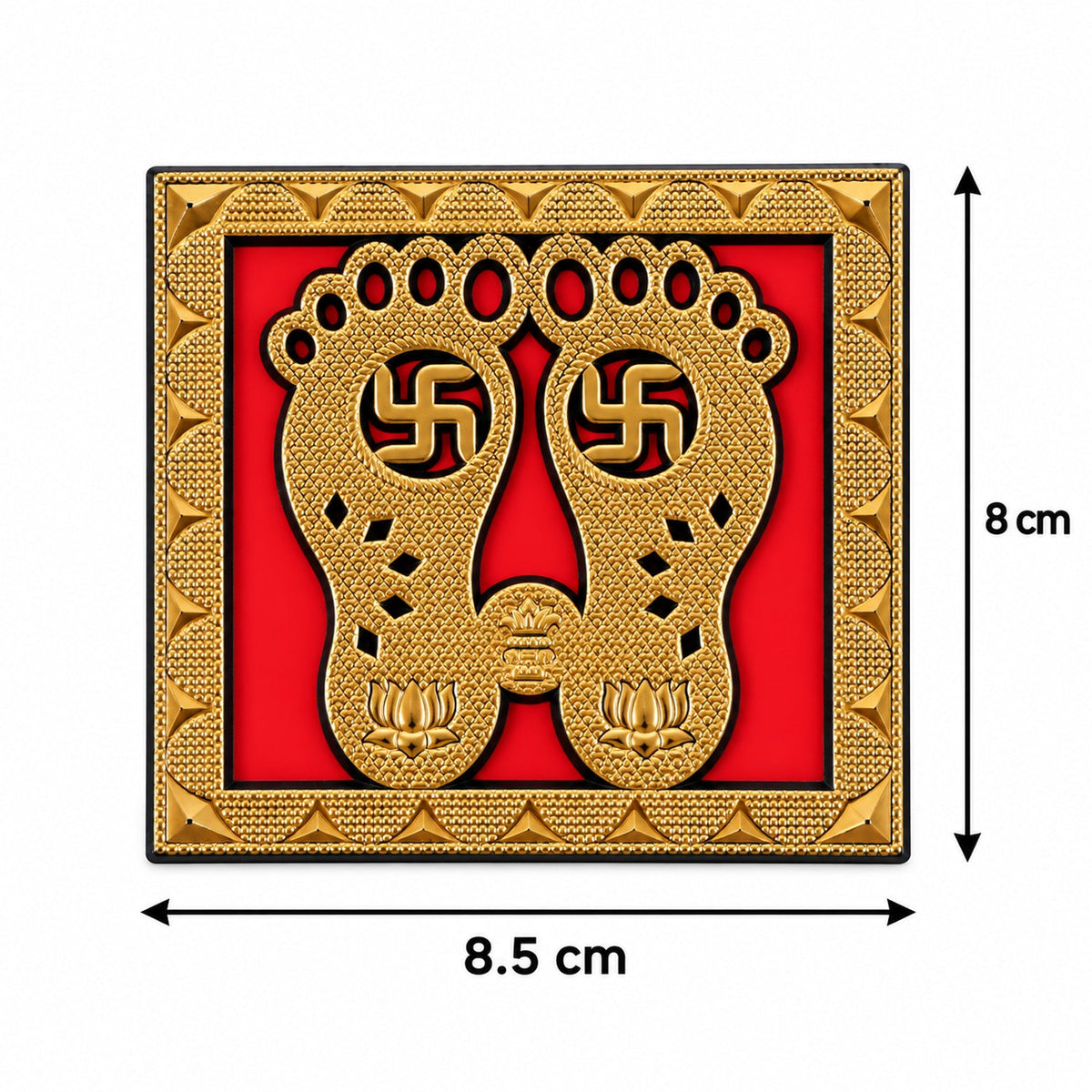 A single golden Lakshmi Charan sticker, 8.5 cm wide and 8 cm long, displays its detailed footprint design on a red