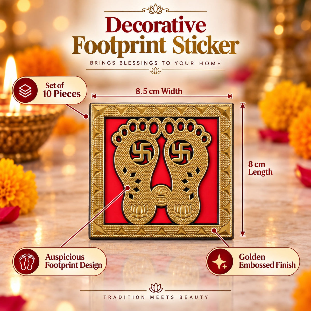 A golden Lakshmi Charan sticker with dimensions 8.5 cm by 8 cm, featuring an embossed finish and auspicious footprint design.