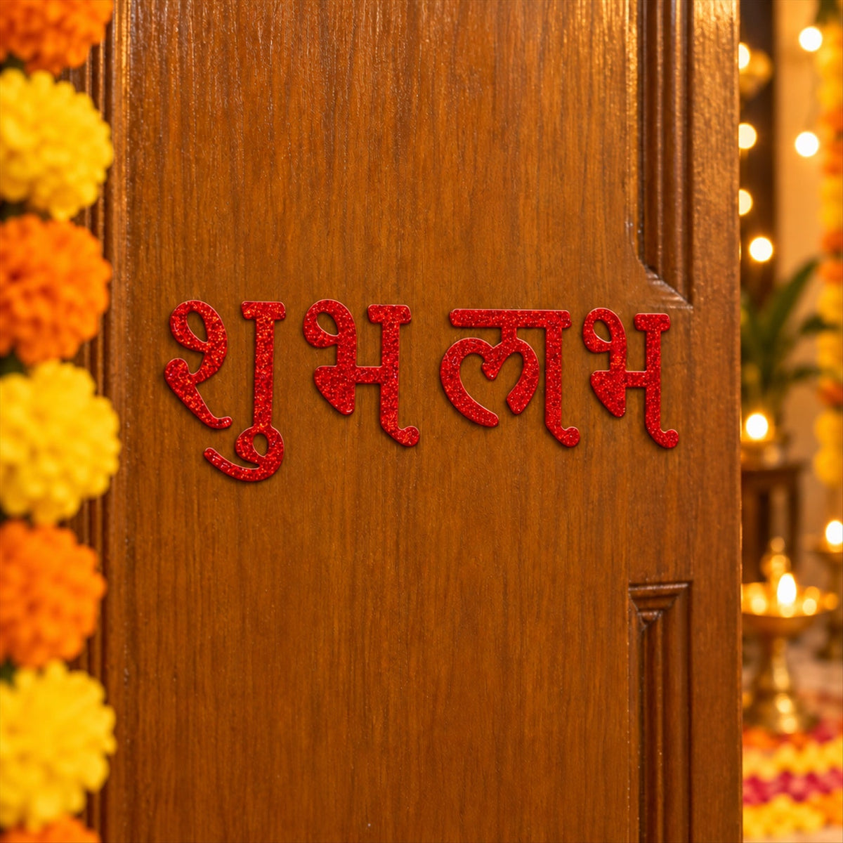 Red glitter Shubh Labh stickers affixed horizontally on a wooden door, surrounded by orange flowers.