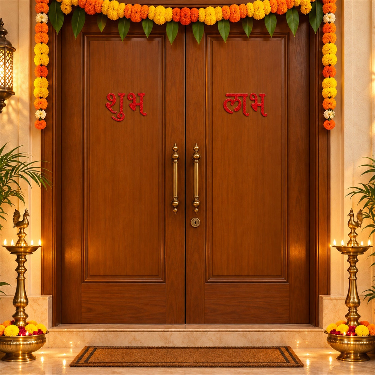 A grand double wooden door decorated with red glitter Shubh Labh stickers and marigold garlands.