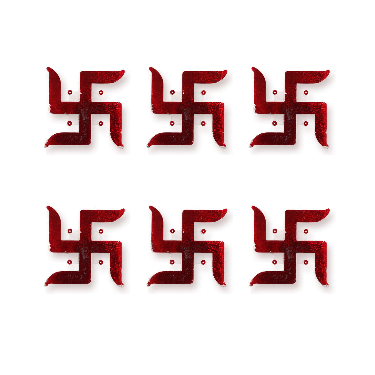 Six individual red glitter swastik stickers are arranged in two rows of three on a plain white background.