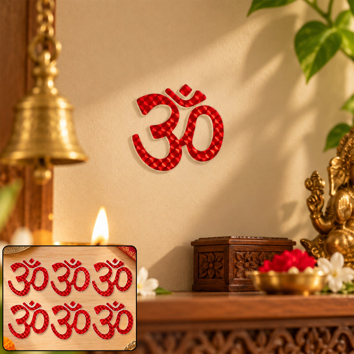 A vibrant red Om symbol sticker adorns a light wall, with a brass bell and lit lamp nearby.