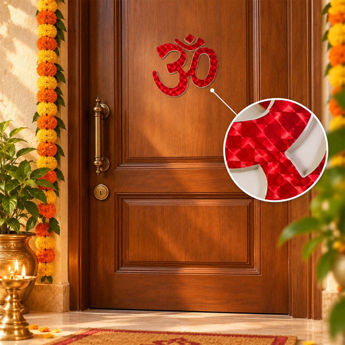 A red Om symbol sticker is centered on a wooden door, with a magnified inset showing its textured surface.